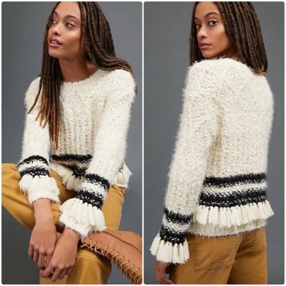 Anthropologie Amadi Cora Fringed Cream and Black Sweater
